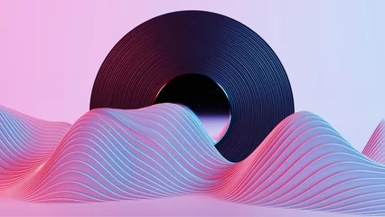 Tuinposter This artwork depicts a vinyl record set against a retro wave landscape, combining the nostalgia of analog music with the futuristic aesthetics of neon waves. © Oleksandr