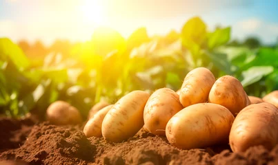 Poster Potatoes close up on farm field background © xamtiw