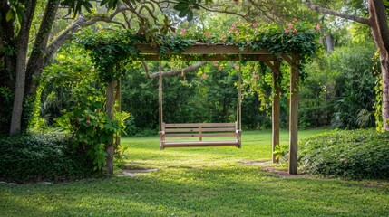 Peaceful Backyard Oasis with Wooden Swing and Pergola AI Generated