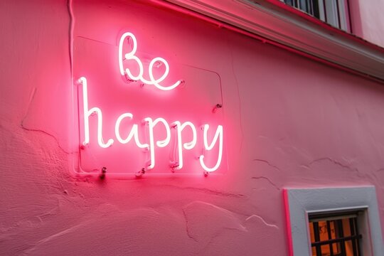 neon pink sign - be happy - on a white wall close up. Interior design decoration. Small business. Positive affirmations and mindset.