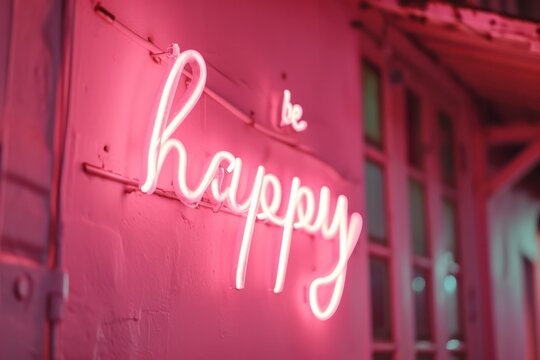 neon pink sign - be happy - on a white wall close up. Interior design decoration. Small business. Positive affirmations and mindset.