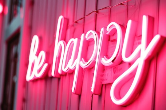neon pink sign - be happy - on a white wall close up. Interior design decoration. Small business. Positive affirmations and mindset.
