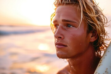 handsome young dutch or Australian blonde guy surfer closeup portrait on the beach at sunset or sunrise with his surfboard - obrazy, fototapety, plakaty