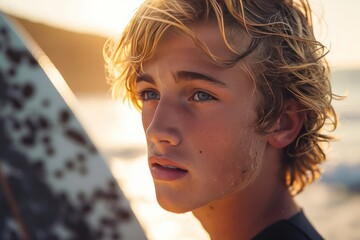 handsome young dutch or Australian blonde teenager boy surfer closeup portrait on the beach at sunset or sunrise with his surfboard - obrazy, fototapety, plakaty