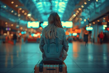 A travelers woman sitting on a suitcase, in passenger hall