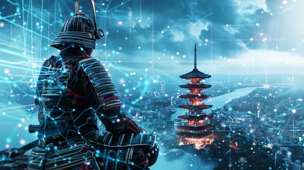 On the cusp of innovation a samurai in a utopia wields wisdom and technology with equal finesse crafting a path of enlightenment