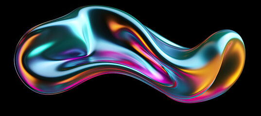 Bold holographic liquid blob shape isolated. Iridescent wavy melted substance on black background
