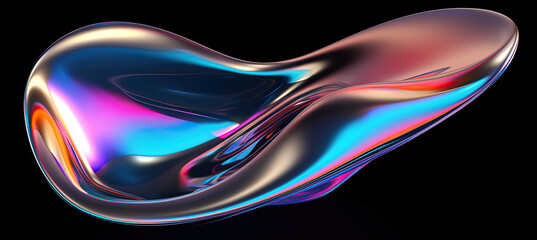 Bold holographic liquid blob shape isolated. Iridescent wavy melted substance on black background