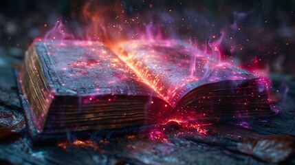 An open magical book in a magical pink fire - obrazy, fototapety, plakaty