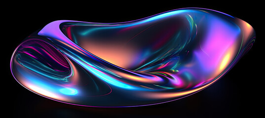 Bold holographic liquid blob shape isolated. Iridescent wavy melted substance on black background - obrazy, fototapety, plakaty