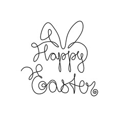 Happy Easter logotype. Lettering Happy Easter with rabbit ears for greeting card, invitation template. Continuous line drawing, hand lettering, print for clothes, isolated vector.