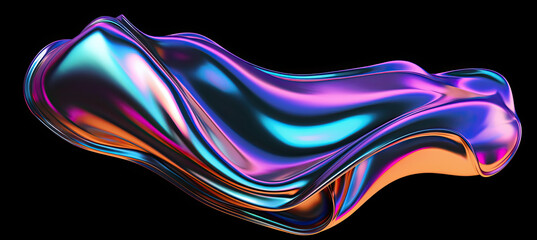 Bold holographic liquid blob shape isolated. Iridescent wavy melted substance on black background