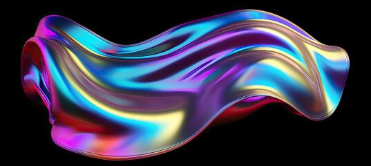 Bold holographic liquid blob shape isolated. Iridescent wavy melted substance on black background - obrazy, fototapety, plakaty