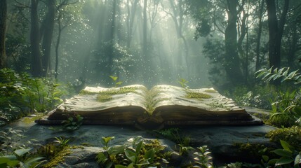 An open old magic book in the woods on the grass - obrazy, fototapety, plakaty