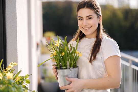 Beautiful female gardening outdoor. Happy woman hold metal bucket with daffodils. Flowerbed on balcony