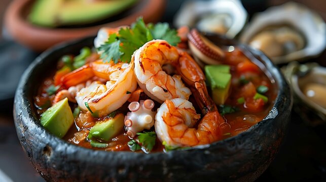 Mexican campechana seafood cocktail with shrimp, octopus, oysters, and avocado in a spicy tomato sauce