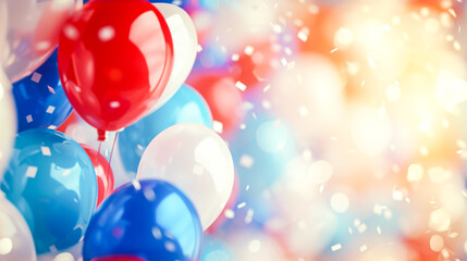 Holiday festive background with vibrant red, white, and blue balloons against shimmering light blue backdrop with bokeh, capturing the joyous essence of an Independence Day celebration. Copy space - obrazy, fototapety, plakaty