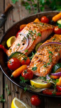 Succulent Grilled Salmon With Seasonal Vegetables For Healthy Eating And Cookbook Use