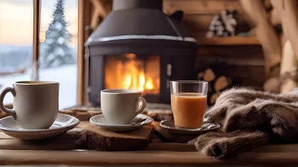 Foto op Aluminium Interior of a cozy cabin in winter arranged with cups of coffee and tea. winter  landscape in the background.generative AI  © parpledesigns