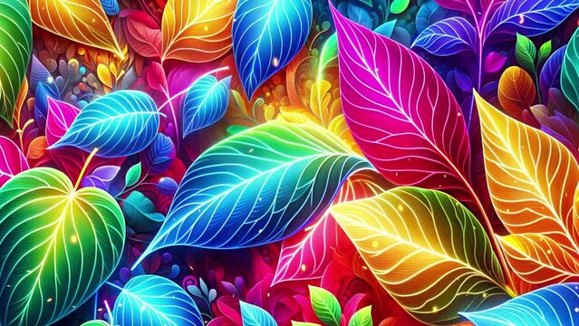 Background with colorful neon leaves and gold sparkles.