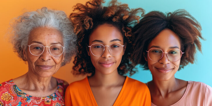 Portrait of grandmother, mother and daughter, family of three generations. Mother's or international women's day concept. 