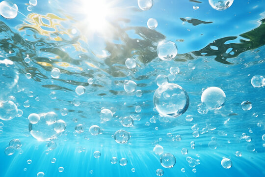 Underwater image in a clean swimming pool, clear healthy blue water with bubbles