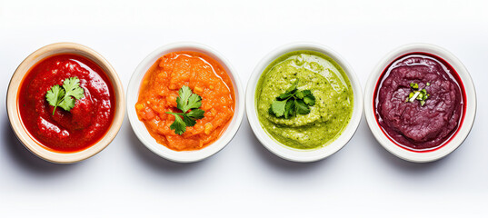 Top view Various sauces in bowls. isolated on white background