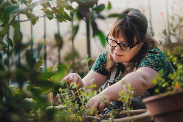 Person with intellectual disabilities taking care of the plants in a garden