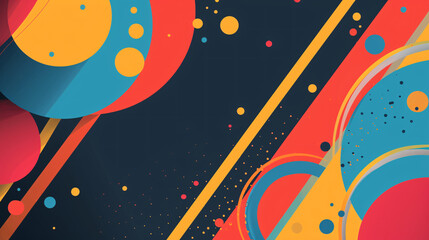 Obraz premium Vibrant Abstract Artwork with Colorful Geometric Shapes and Dots on a Dark Background: A Creative Design Concept for Modern Art Enthusiasts