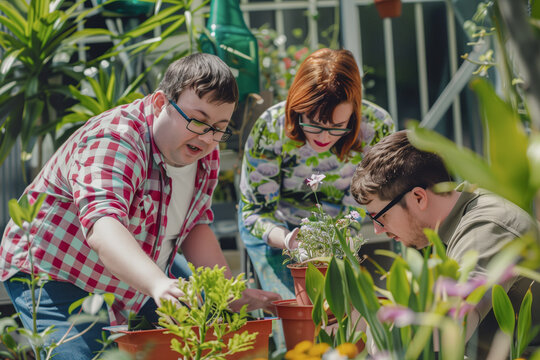 Person with intellectual disabilities taking care of the plants in a garden