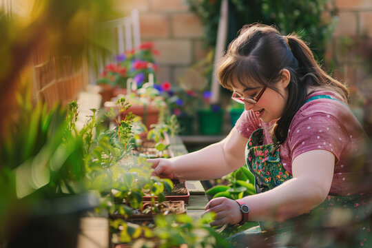 Person with intellectual disabilities taking care of the plants in a garden