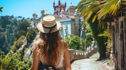 Naklejka premium Beautiful tourist young woman walking in Sintra street on summer, Portugal, tourism travel holiday vacations concept in Europe