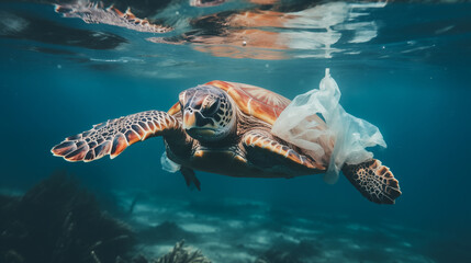 Plastic pollution is an environmental problem in the oceans. Turtle stuck in plastic bag, save ocean concept. Underwater concept of global problem with plastic waste floating in the ocean - obrazy, fototapety, plakaty