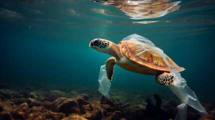 Plastic pollution is an environmental problem in the oceans. Turtle stuck in plastic bag, save ocean concept. Underwater concept of global problem with plastic waste floating in the ocean