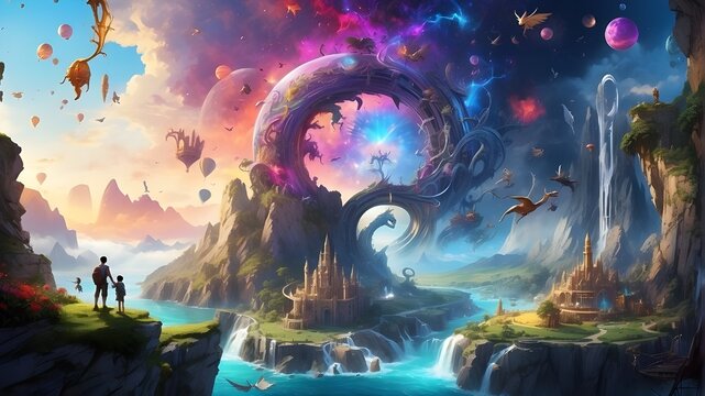 landscape with space for text, "Unleash your imagination with a fantastical world where science and magic collide, filled with mythical creatures and breathtaking landscapes."