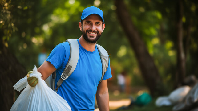 Young man holding plastic garbage bag on hand. Voluntary free assistance help trash sorting recycling concept. Global environmental pollution. Environmental and ecology concept