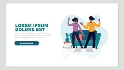 Fototapeta premium Vektor-Illustration von Menschen mit virtuellen Realität Brillen in ihrem Wohnzimmer - künstliche Intelligenz Konzept