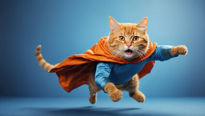 Flying superhero cat on blue background. AI generated - obrazy, fototapety, plakaty