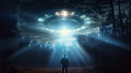 Zelfklevend Fotobehang UFO Phenomena: Man Abducted by Extraterrestrial Beings  at night ©  Mohammad Xte
