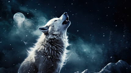 White wolf howling at the moon - obrazy, fototapety, plakaty