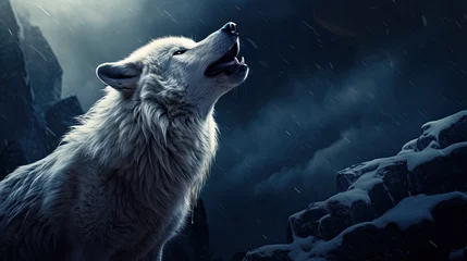 Foto op Canvas White wolf howling at the moon ©  Mohammad Xte