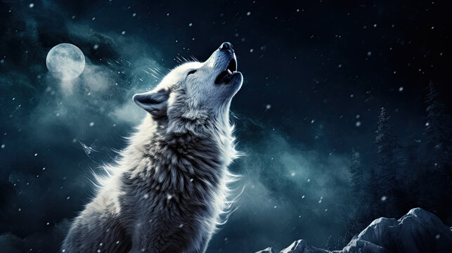 White wolf howling at the moon