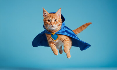 superhero cat, Cute orange tabby kitty with a blue cloak and mask jumping and flying on light blue...