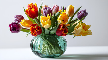 tulips in vase,Bouquet of colorful tulips in vase on white background,Pastel multicolored tulip flowers in a green vase on the table over white background