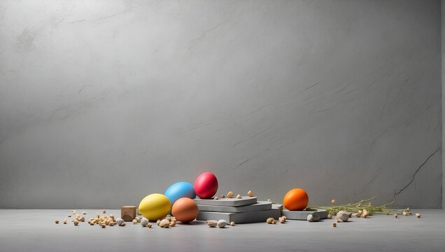 Colorful painted Easter eggs on the grey background.