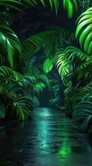 Background of the dark room tunnel corridor neon light lamps tropical leaves 