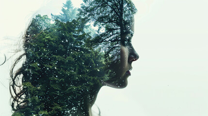 Double exposure of a woman's head with forest landscape in the background