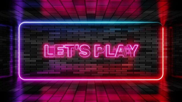 Neon sign lets play in speech bubble frame on brick wall background 3d render. Light banner on the wall background. Lets play loop video game vr, design template, night neon signboard