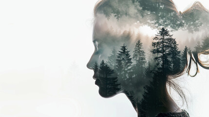 Double exposure of a woman's head with forest landscape in the background