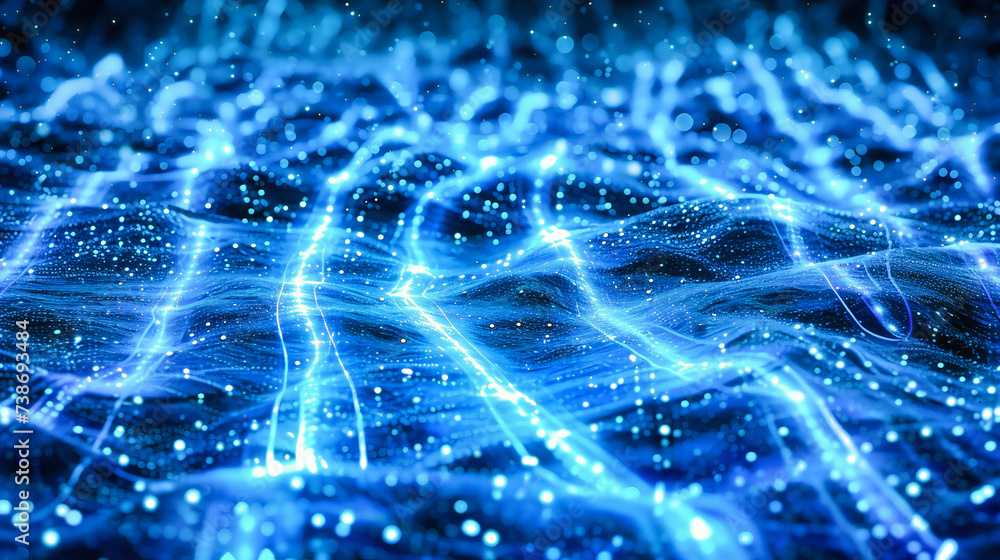Poster digital wave network: futuristic abstract design with blue lines and geometric shapes, symbolizing a